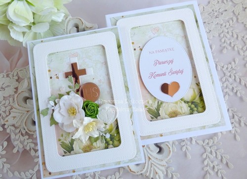 komunijna kartka w pudełku, z dekorami z lustrzanej plexi w kolorach: biały, zielony, brudny róż