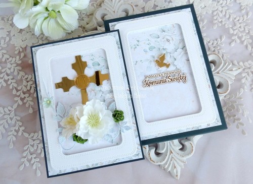 komunijna kartka w pudełku, z dekorami z lustrzanej plexi w kolorach: biały, zielony, złoty, ivory