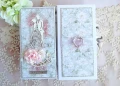 ślubna kartka w pudełku craft, podłużna w kolorach: srebrny, biały, zielony, różowy