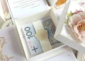 ślubny exploding box w torebce, wewnątrz pudełko na pieniądze, kolory: jasny fiolet, brudny róz, biały, ivory, złoty, zielony