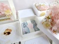 ślubny exploding box w torebce, wewnątrz pudełko na pieniądze w kolorach: biały, kremowy, ivory, złoty, różowy