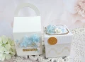 ślubny exploding box w torebce z pudełkiem na pieniądze w kolorach: biały, ivory, kremowy, złoty, jasny niebieski