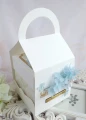 ślubny exploding box w torebce z pudełkiem na pieniądze w kolorach: biały, ivory, kremowy, złoty, jasny niebieski